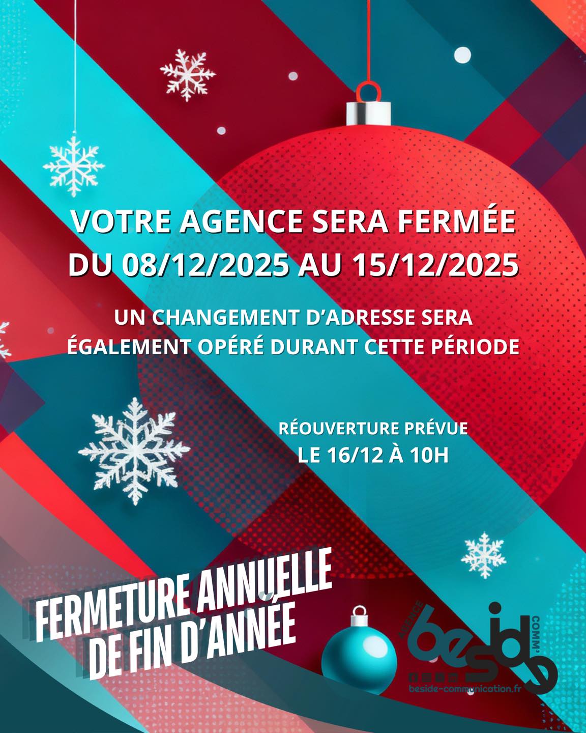 ✨ 𝗣𝗲𝘁𝗶𝘁𝗲 𝗽𝗮𝗿𝗲𝗻𝘁𝗵𝗲̀𝘀𝗲 𝗽𝗼𝘂𝗿 𝗺𝗶𝗲𝘂𝘅 𝗿𝗲𝘃𝗲𝗻𝗶𝗿 !

Du 8 au 15 décembre 2025, je mets Beside Communication sur pause pour la fermeture annuelle de fin d’année… mais pas seulement 😉

Cette période sera aussi l’occasion de préparer un changement d’adresse pour l’agence. Une nouvelle étape, un nouveau décor, mais toujours la même passion pour vos projets ✨

📍 𝗥𝗲́𝗼𝘂𝘃𝗲𝗿𝘁𝘂𝗿𝗲 𝗹𝗲 𝟭𝟲 𝗱𝗲́𝗰𝗲𝗺𝗯𝗿𝗲 𝟮𝟬𝟮𝟱 𝗮̀ 𝟭𝟬𝗵
Je serai de retour, reboosté et prêt à donner encore plus de visibilité à vos idées !

Merci pour votre confiance au quotidien 💛
Restez connectés, je vous dévoile bientôt la suite…

#BesideCommunication #PauseCréative #NouvelleAdresse #Entrepreneuriat #CommunicationDigitale #findannee