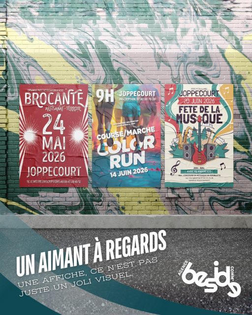 🎨 𝗨𝗻𝗲 𝗮𝗳𝗳𝗶𝗰𝗵𝗲, 𝗰𝗲 𝗻'𝗲𝘀𝘁 𝗽𝗮𝘀 𝗷𝘂𝘀𝘁𝗲 𝘂𝗻 𝗷𝗼𝗹𝗶 𝘃𝗶𝘀𝘂𝗲𝗹. 𝗖'𝗲𝘀𝘁 𝘂𝗻 𝗮𝗶𝗺𝗮𝗻𝘁 𝗮̀ 𝗿𝗲𝗴𝗮𝗿𝗱𝘀.
Quand je conçois une affiche événementielle, je ne pense pas "design". Je pense impact.

Est-ce qu'on la remarque en passant en voiture ?
Est-ce qu'on comprend l'info en 3 secondes ?
Est-ce qu'elle donne vraiment envie de venir ?

Couleurs qui claquent, typo lisible de loin, hiérarchie claire… et une impression soignée pour que ça fonctionne aussi bien sur un écran que sur un panneau 4x3.

🙏 Merci à l'association AJ ASEC de Joppécourt qui me fait confiance cette année encore pour imaginer, designer et imprimer leurs affiches :

🛍 Brocante — 24 mai 2026
🏃‍♂️ Color Run — 14 juin 2026
🎶 Fête de la Musique — 20 juin 2026

Trois événements, trois univers graphiques… un seul objectif : donner envie aux gens de sortir de chez eux.

Contribuer à la visibilité d'événements qui font vivre le territoire, c'est exactement pour ça que j'ai créé Beside Communication.

📩 Vous préparez un événement ? On crée ensemble l'affiche qui fera tourner les têtes.

#BesideCommunication #DesignGraphique #AfficheÉvénementielle #CommunicationLocale #Graphisme #Print