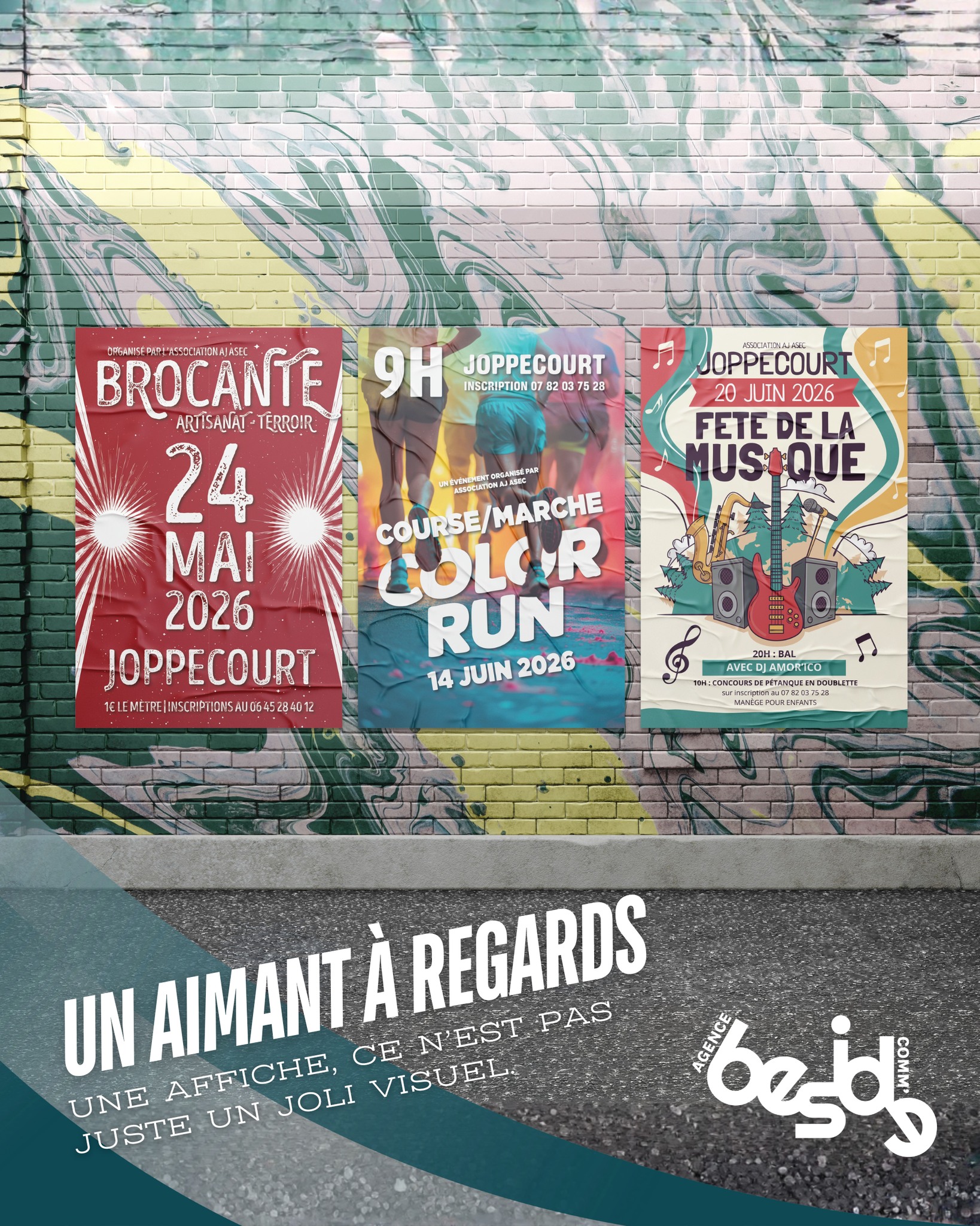 🎨 𝗨𝗻𝗲 𝗮𝗳𝗳𝗶𝗰𝗵𝗲, 𝗰𝗲 𝗻'𝗲𝘀𝘁 𝗽𝗮𝘀 𝗷𝘂𝘀𝘁𝗲 𝘂𝗻 𝗷𝗼𝗹𝗶 𝘃𝗶𝘀𝘂𝗲𝗹. 𝗖'𝗲𝘀𝘁 𝘂𝗻 𝗮𝗶𝗺𝗮𝗻𝘁 𝗮̀ 𝗿𝗲𝗴𝗮𝗿𝗱𝘀.
Quand je conçois une affiche événementielle, je ne pense pas "design". Je pense impact.

Est-ce qu'on la remarque en passant en voiture ?
Est-ce qu'on comprend l'info en 3 secondes ?
Est-ce qu'elle donne vraiment envie de venir ?

Couleurs qui claquent, typo lisible de loin, hiérarchie claire… et une impression soignée pour que ça fonctionne aussi bien sur un écran que sur un panneau 4x3.

🙏 Merci à l'association AJ ASEC de Joppécourt qui me fait confiance cette année encore pour imaginer, designer et imprimer leurs affiches :

🛍 Brocante — 24 mai 2026
🏃‍♂️ Color Run — 14 juin 2026
🎶 Fête de la Musique — 20 juin 2026

Trois événements, trois univers graphiques… un seul objectif : donner envie aux gens de sortir de chez eux.

Contribuer à la visibilité d'événements qui font vivre le territoire, c'est exactement pour ça que j'ai créé Beside Communication.

📩 Vous préparez un événement ? On crée ensemble l'affiche qui fera tourner les têtes.

#BesideCommunication #DesignGraphique #AfficheÉvénementielle #CommunicationLocale #Graphisme #Print